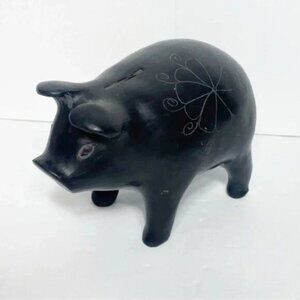 Mexican Black Clay Piggy Bank With Hand-Carved Floral Design